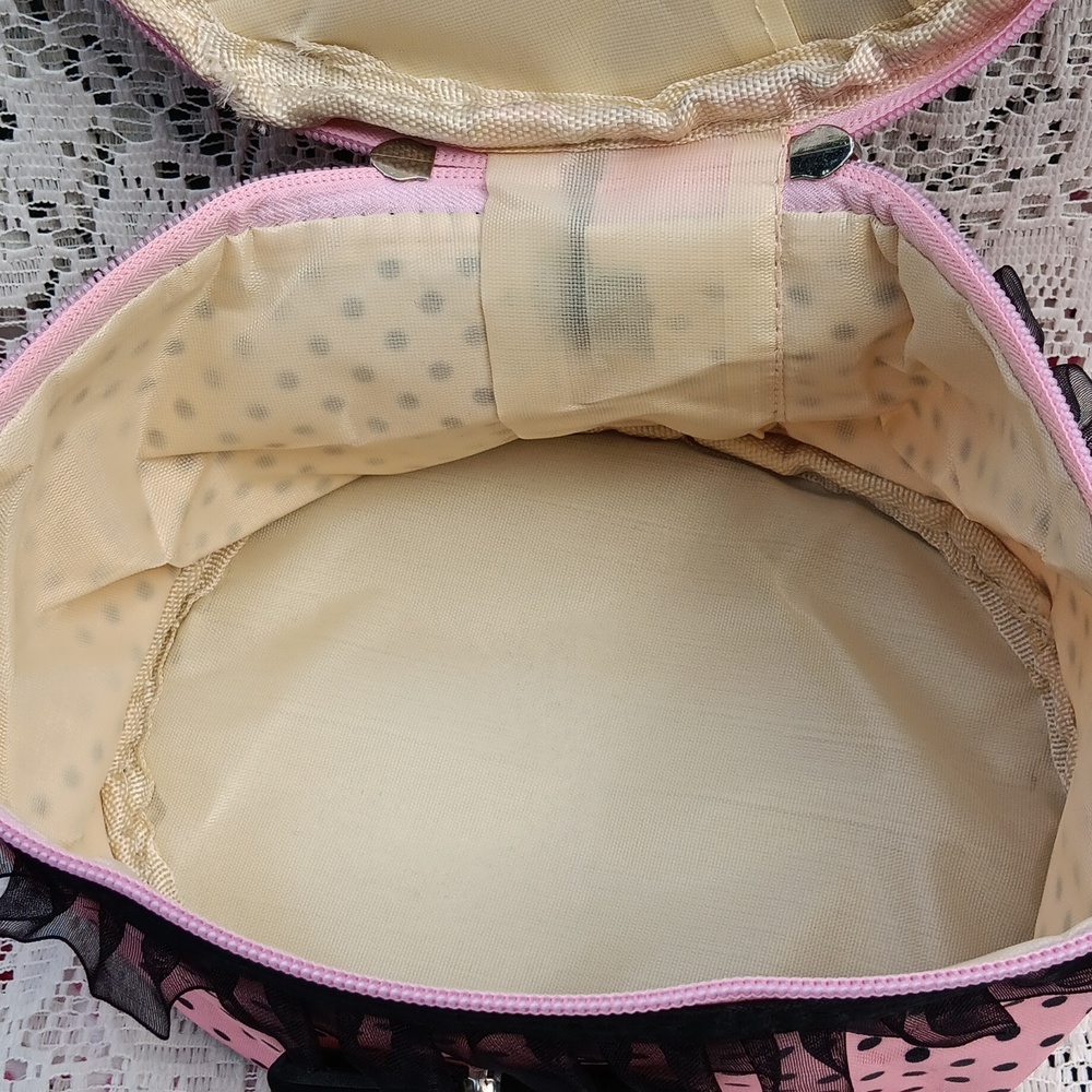 🆕️EXTRA LARGE VINTAGE PINK & BLACK POLKA DOT ZIPPERED COSMETIC BAG WITH POCKETS - Picture 14 of 16